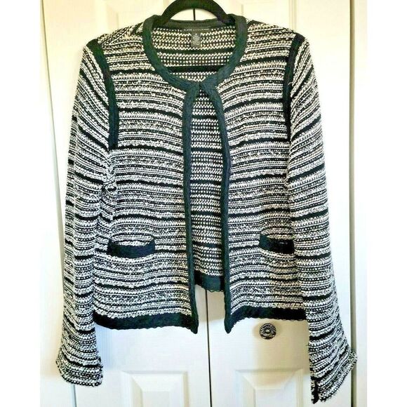 Chico's‎ Black Label Cardigan Cable Knit Size 2 (12/14 L) Blk/Wht/Gold Striped - Picture 1 of 8